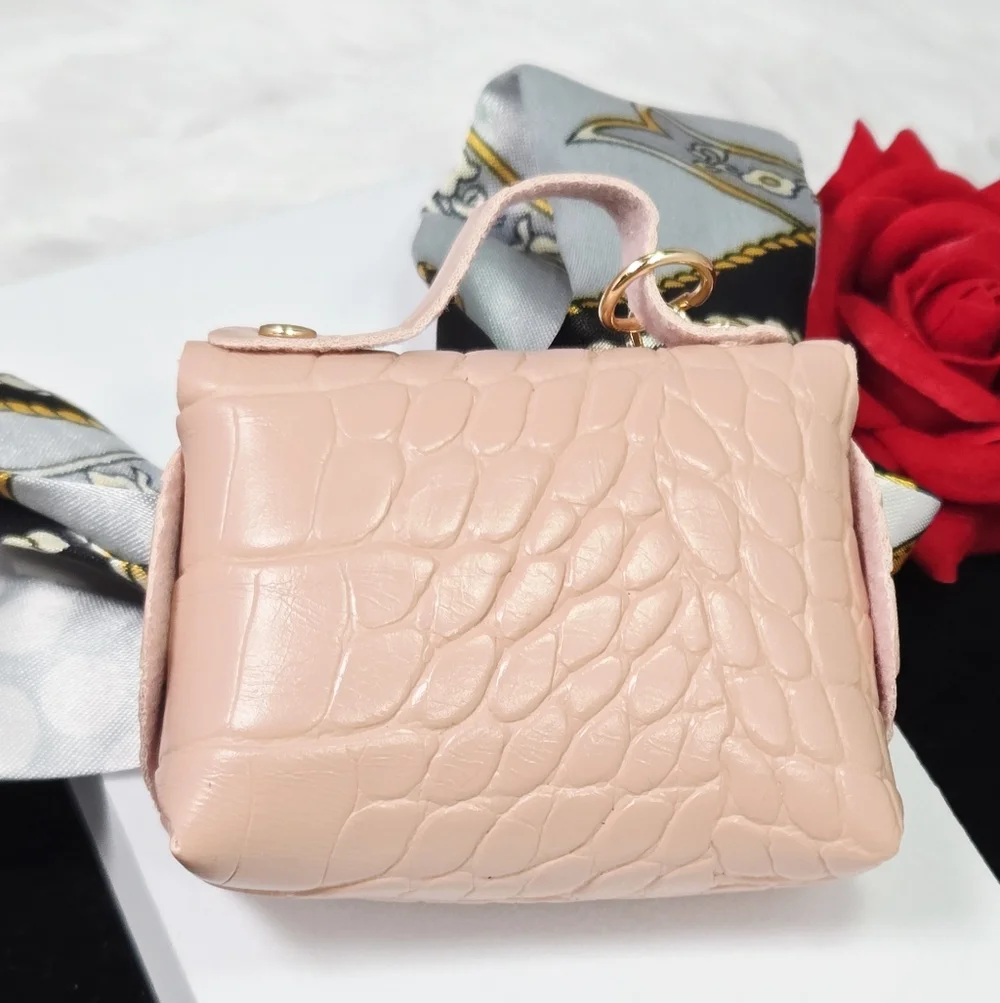 Pink Croc Mini Purse Bag Charm Keychain Scarf Bow AirPods Coin Pouch Keyring New